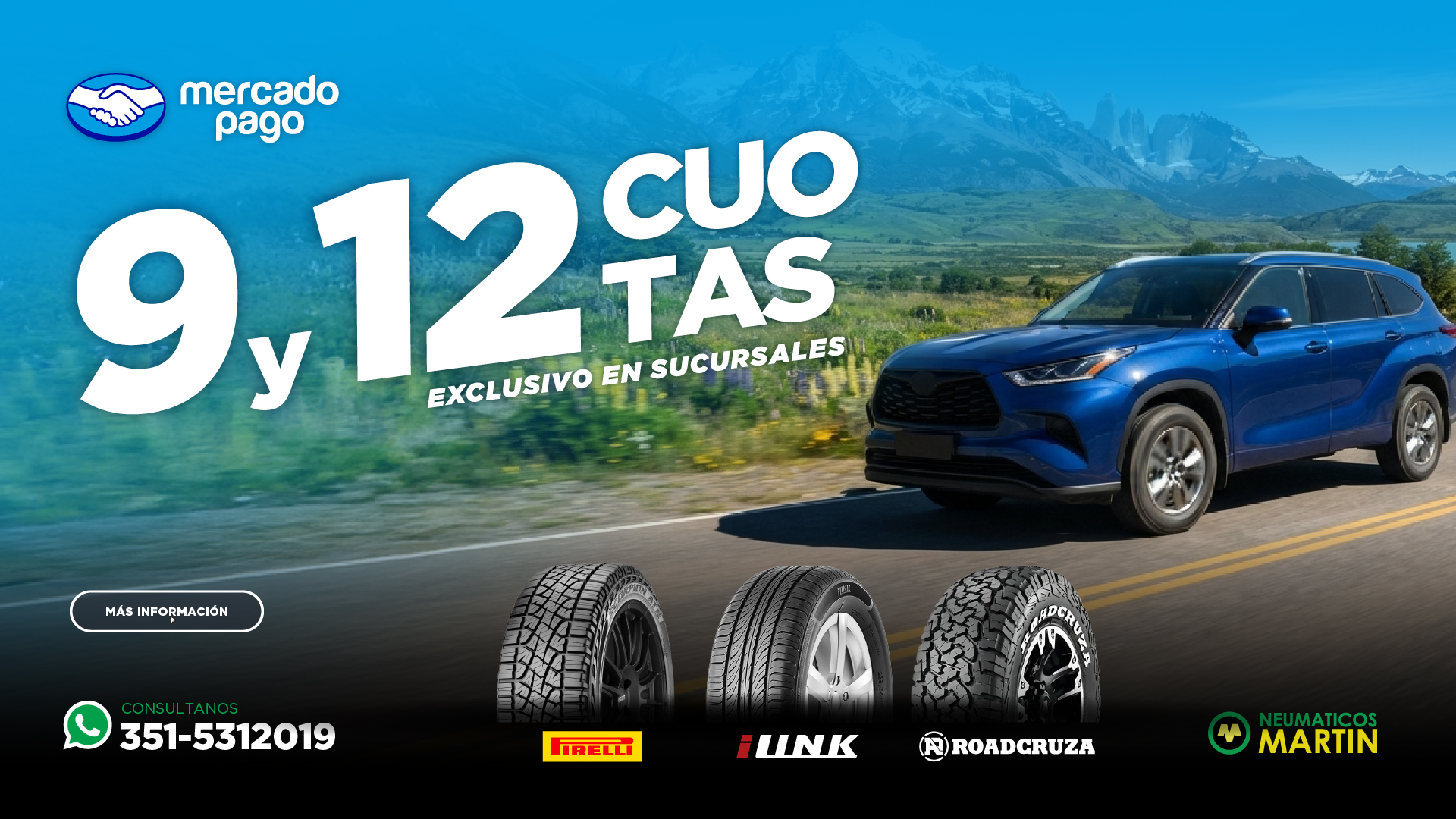 9 y 12 cuotas con Mercado Pago – Neumáticos Martin Mercado Pago: Promoción de 9 y 12 cuotas con Mercado Pago en sucursales de Neumáticos Martin.